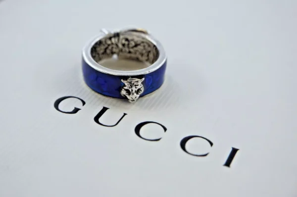 GUCCI Garden Cat Buckle Ring Ag925 Enamel Blue Men's Used US Size 9